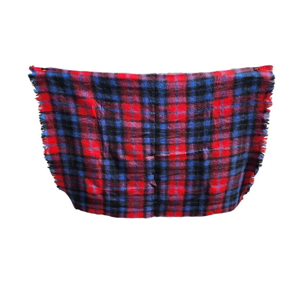 Vintage Montrose 100% Mohair Wool Blanket Red Blue Plaid Scotland 65x45